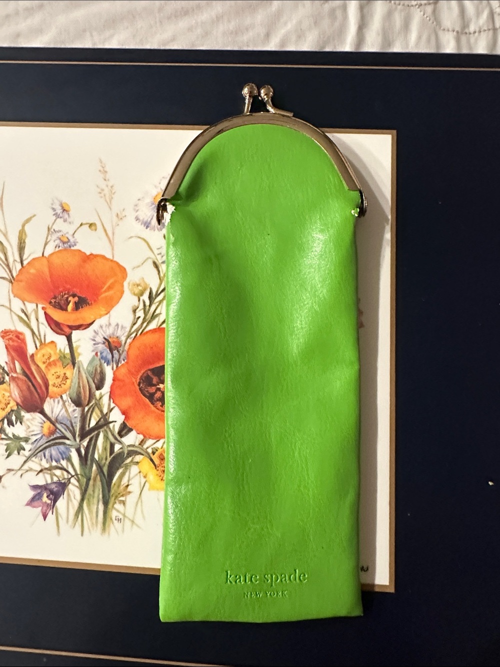 kate spade Bright Lime Green Leather Glasses Pouch with Gold Frame
